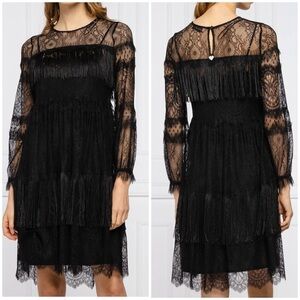 NWT Twinset Black Lace Fringe Long Sleeve Mini Dress with Slip Sz 44